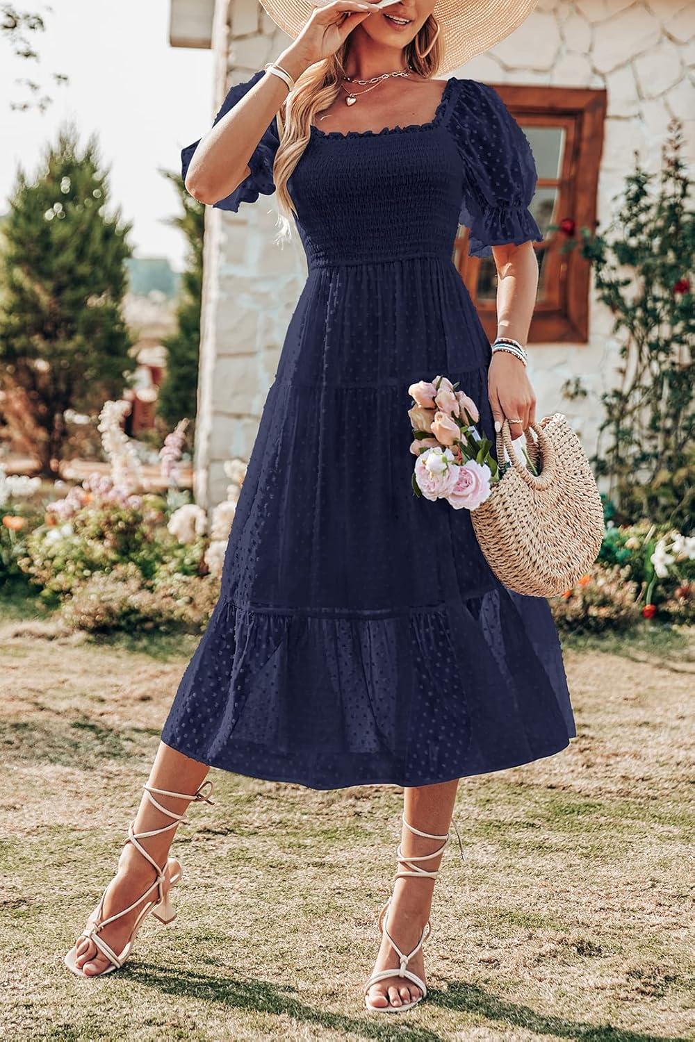 imageMEROKEETY Womens 2025 Summer Square Neck Puff Sleeve Boho Midi Dress Swiss Dot Ruffle Flowy Tie Back DressNavy