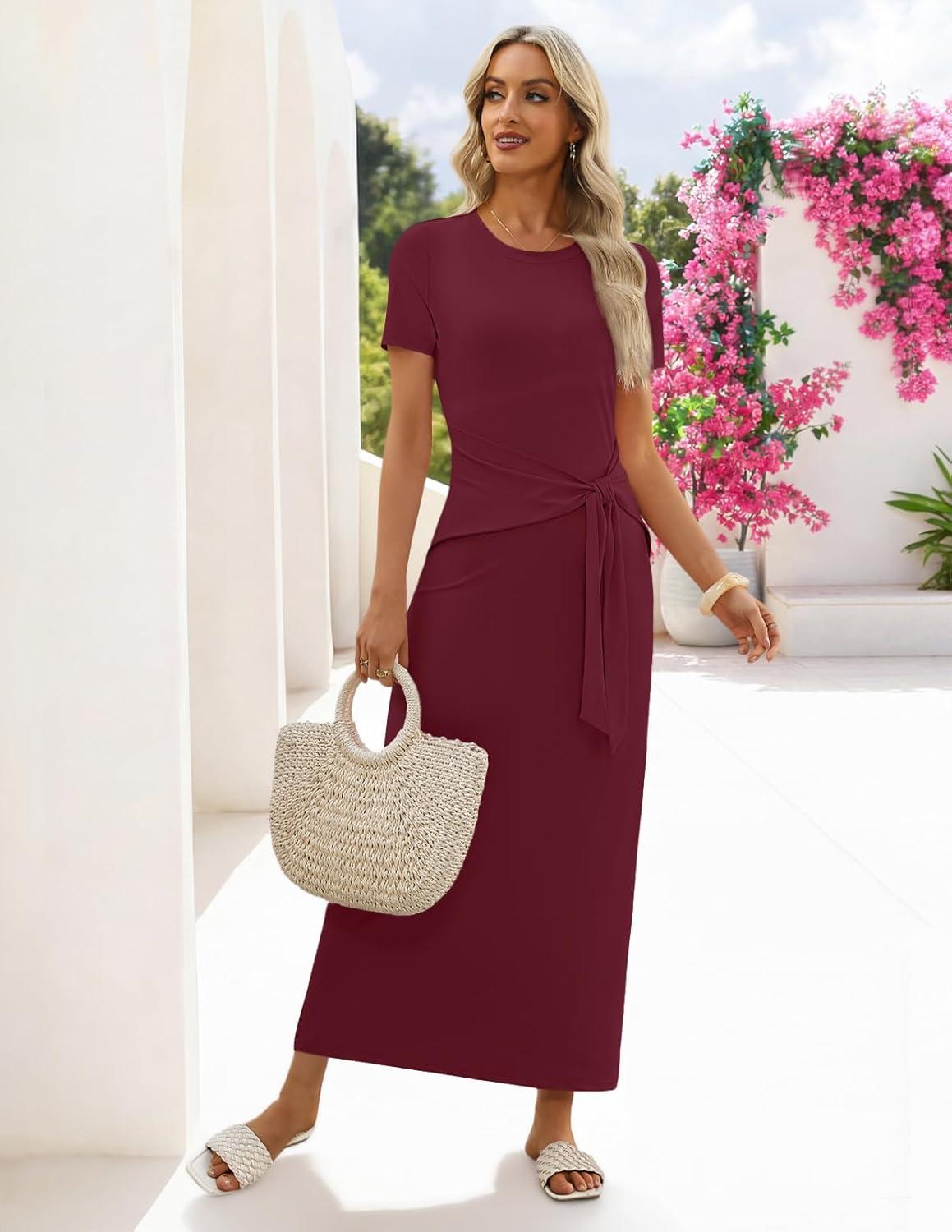 imageMEROKEETY Womens 2026 Summer Casual T Shirt Dresses Short Sleeve Tie Waist Long Work Beach Vacation Trendy Midi DressWine Red