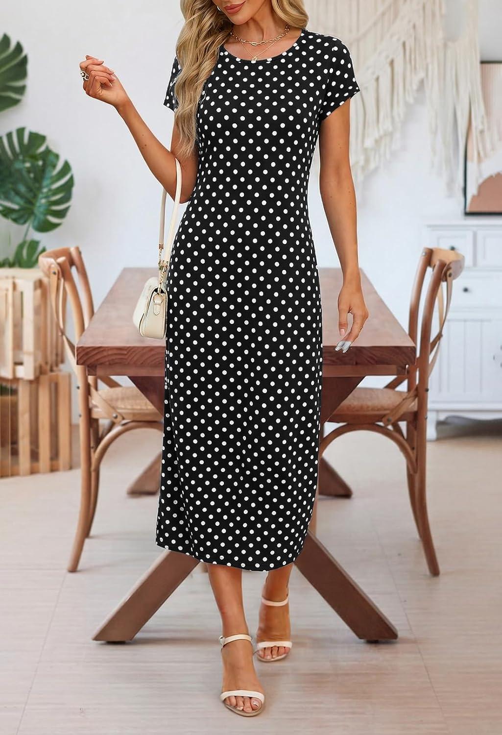 imageMEROKEETY Womens 2026 Summer Casual Tshirt Dress Short Sleeve Crew Neck Beach Long Maxi DressesDot Black