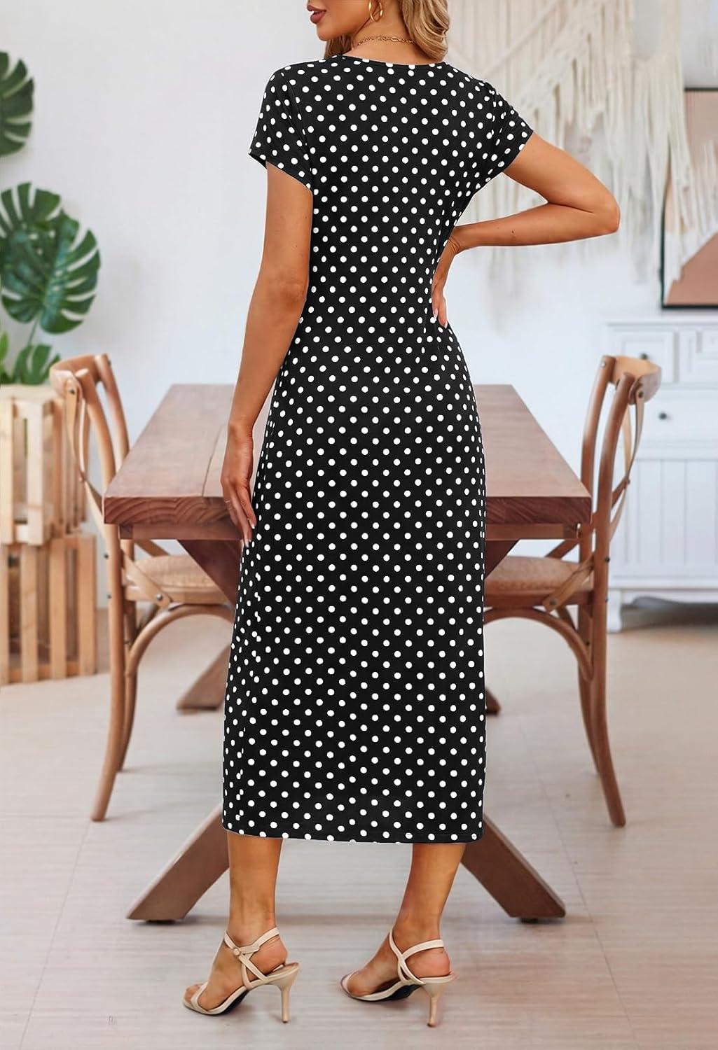 imageMEROKEETY Womens 2026 Summer Casual Tshirt Dress Short Sleeve Crew Neck Beach Long Maxi DressesDot Black