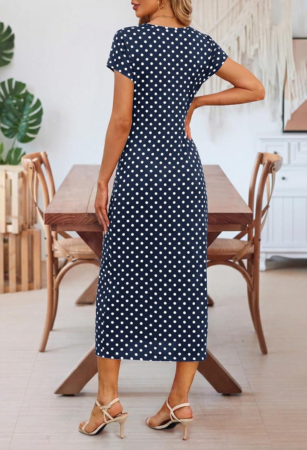 imageMEROKEETY Womens 2026 Summer Casual Tshirt Dress Short Sleeve Crew Neck Beach Long Maxi DressesDot Navy