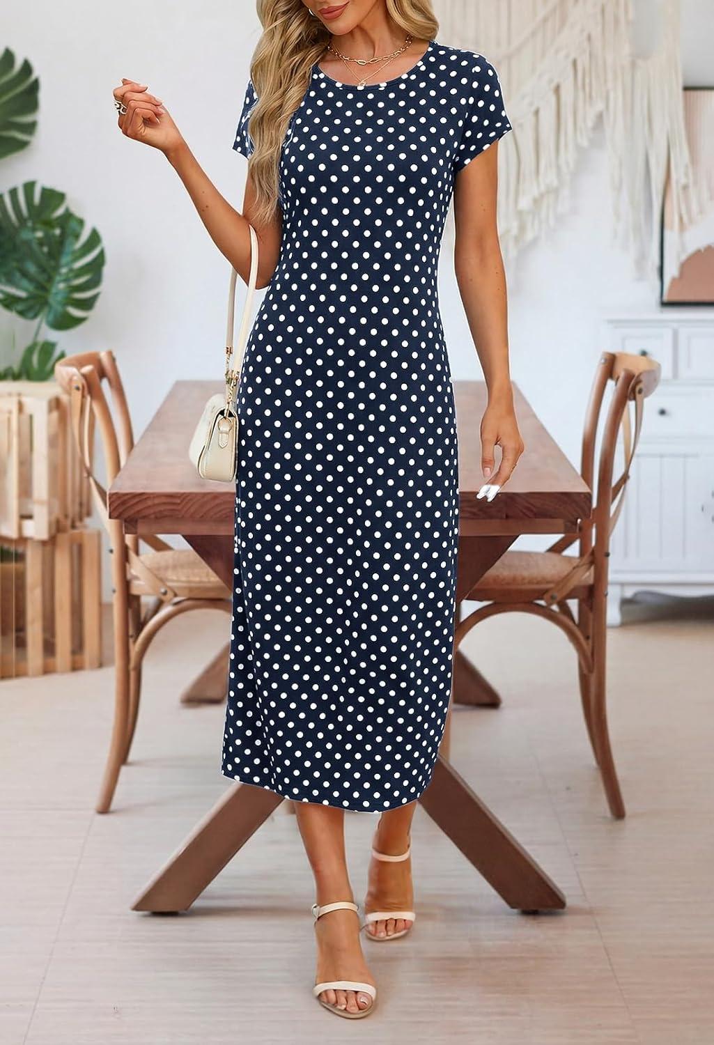 imageMEROKEETY Womens 2026 Summer Casual Tshirt Dress Short Sleeve Crew Neck Beach Long Maxi DressesDot Navy
