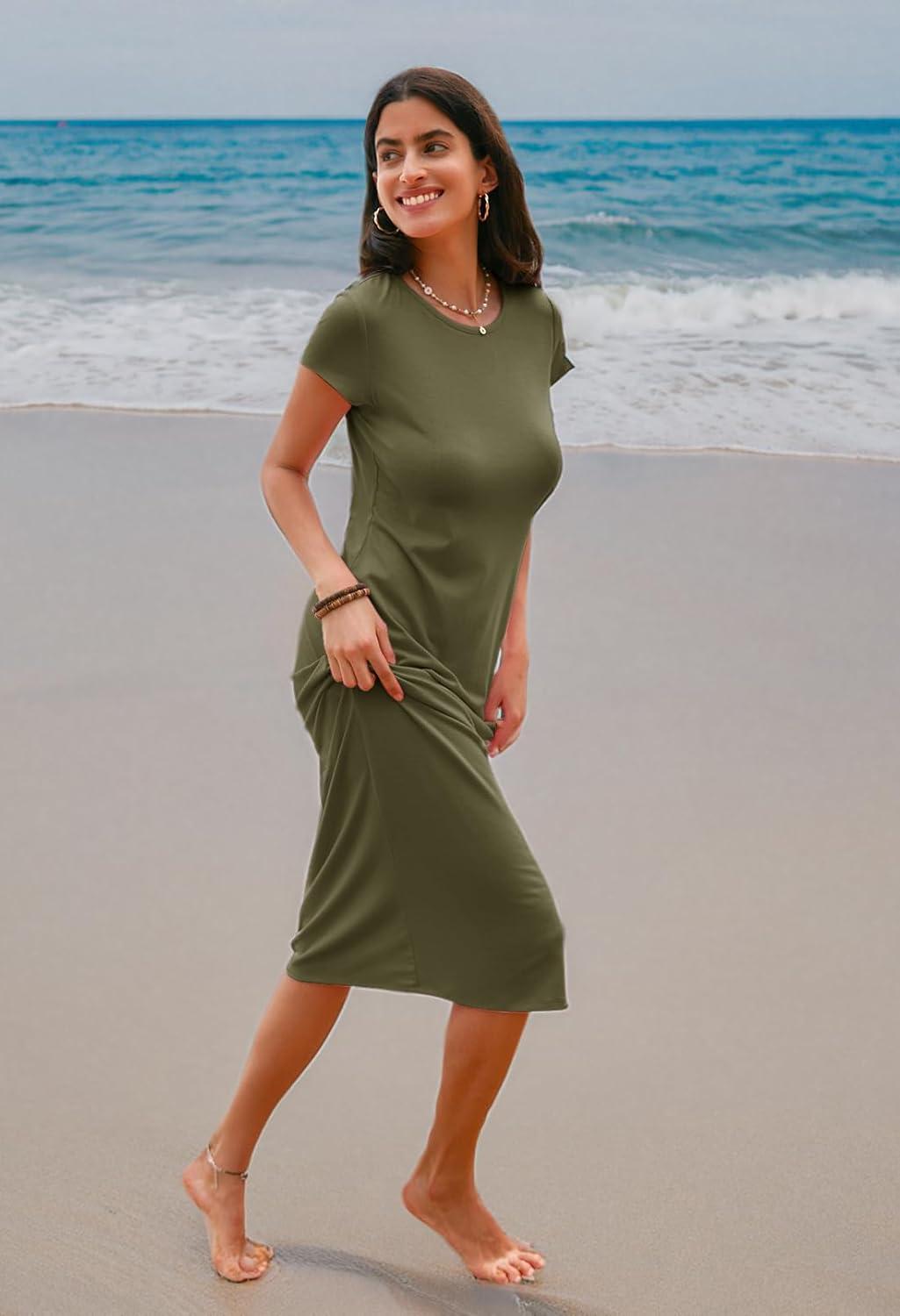 imageMEROKEETY Womens 2026 Summer Casual Tshirt Dress Short Sleeve Crew Neck Beach Long Maxi DressesOlive