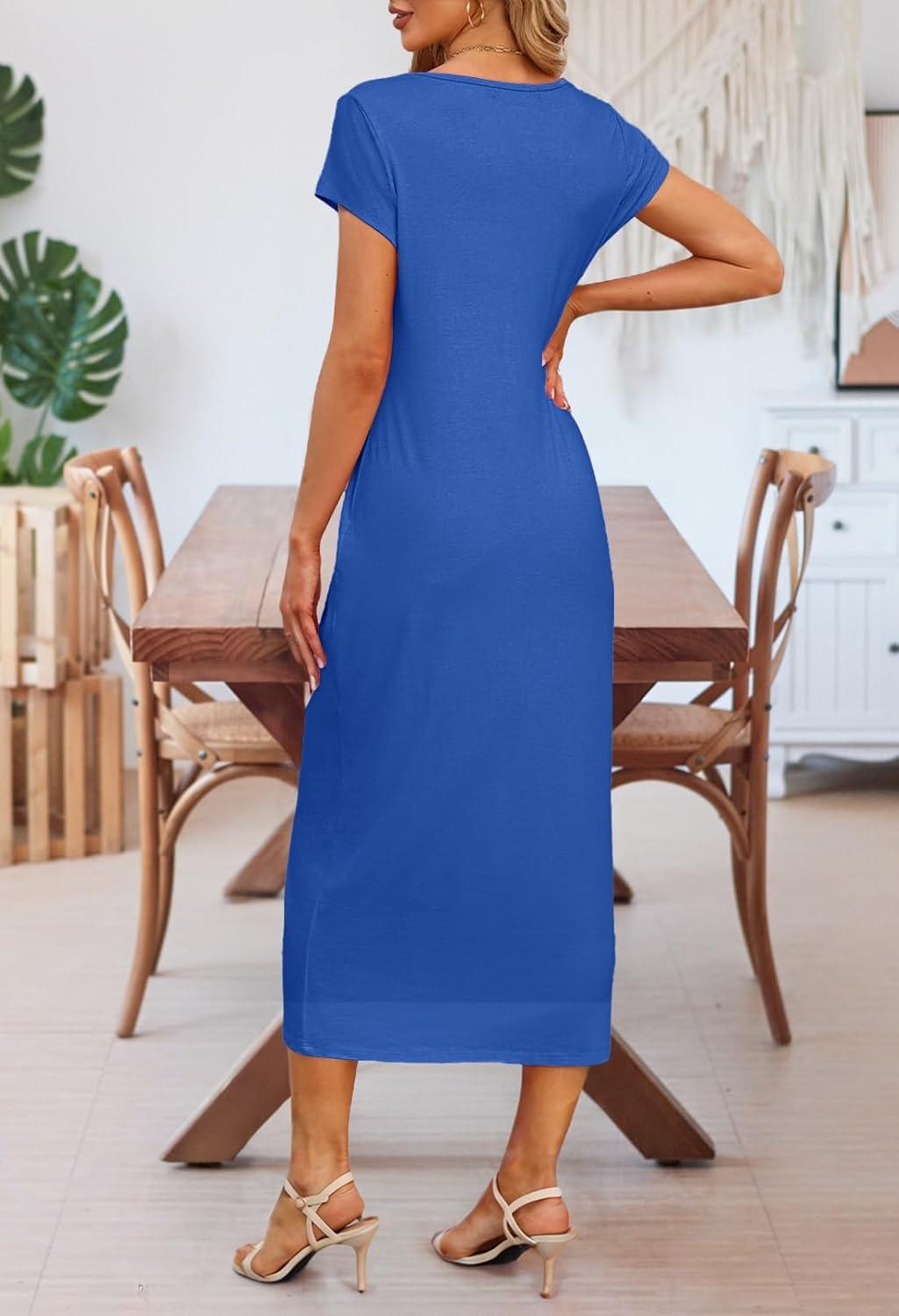 imageMEROKEETY Womens 2026 Summer Casual Tshirt Dress Short Sleeve Crew Neck Beach Long Maxi DressesRoyalblue