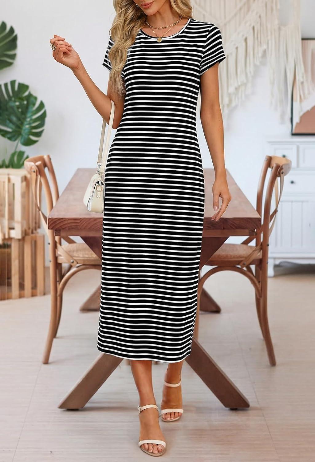 imageMEROKEETY Womens 2026 Summer Casual Tshirt Dress Short Sleeve Crew Neck Beach Long Maxi DressesStriped Black