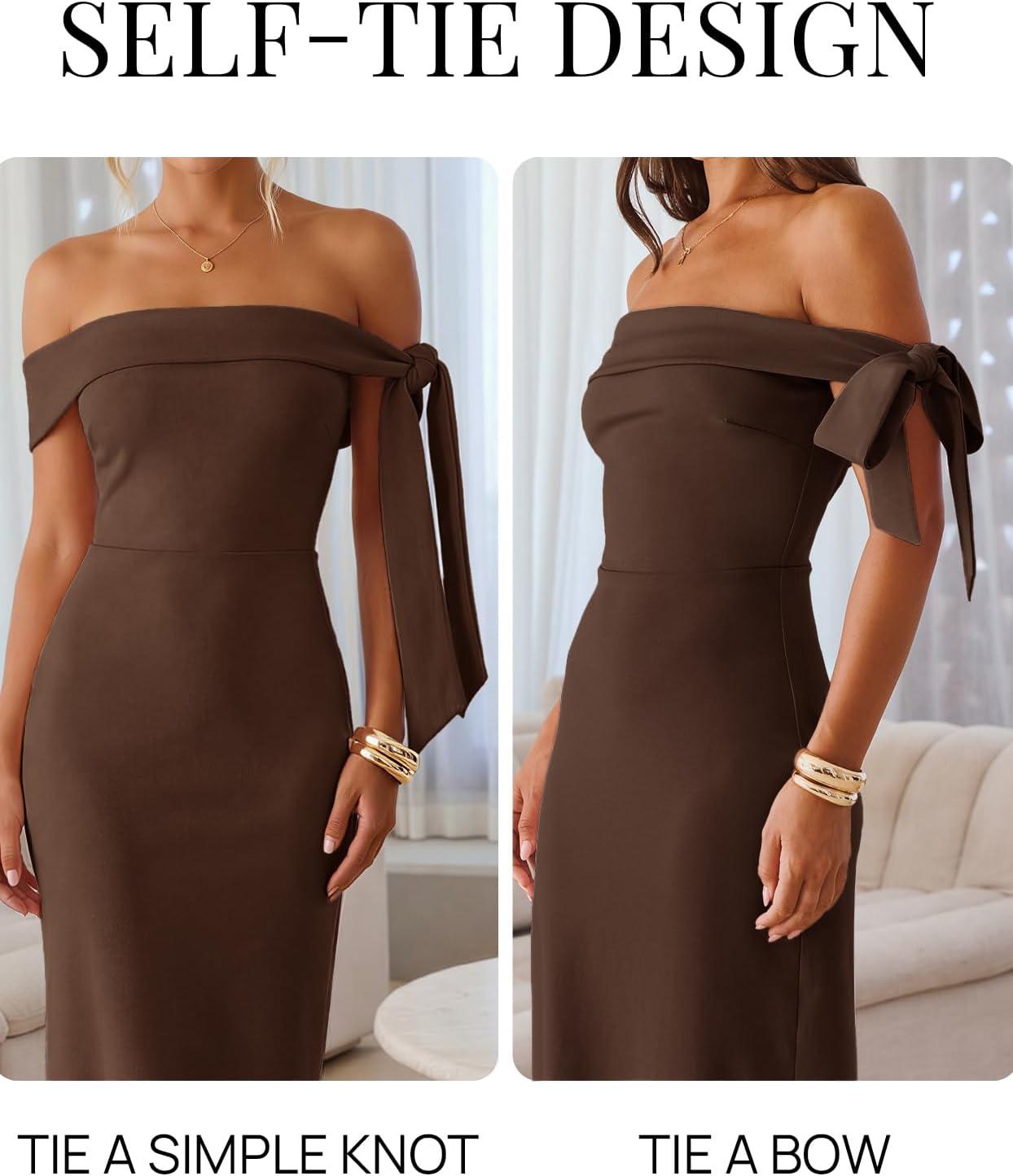 imageMEROKEETY Womens 2026 Summer Off The Shoulder Dress Bodycon Wedding Guest Cocktail Formal Party Maxi DressesBrown