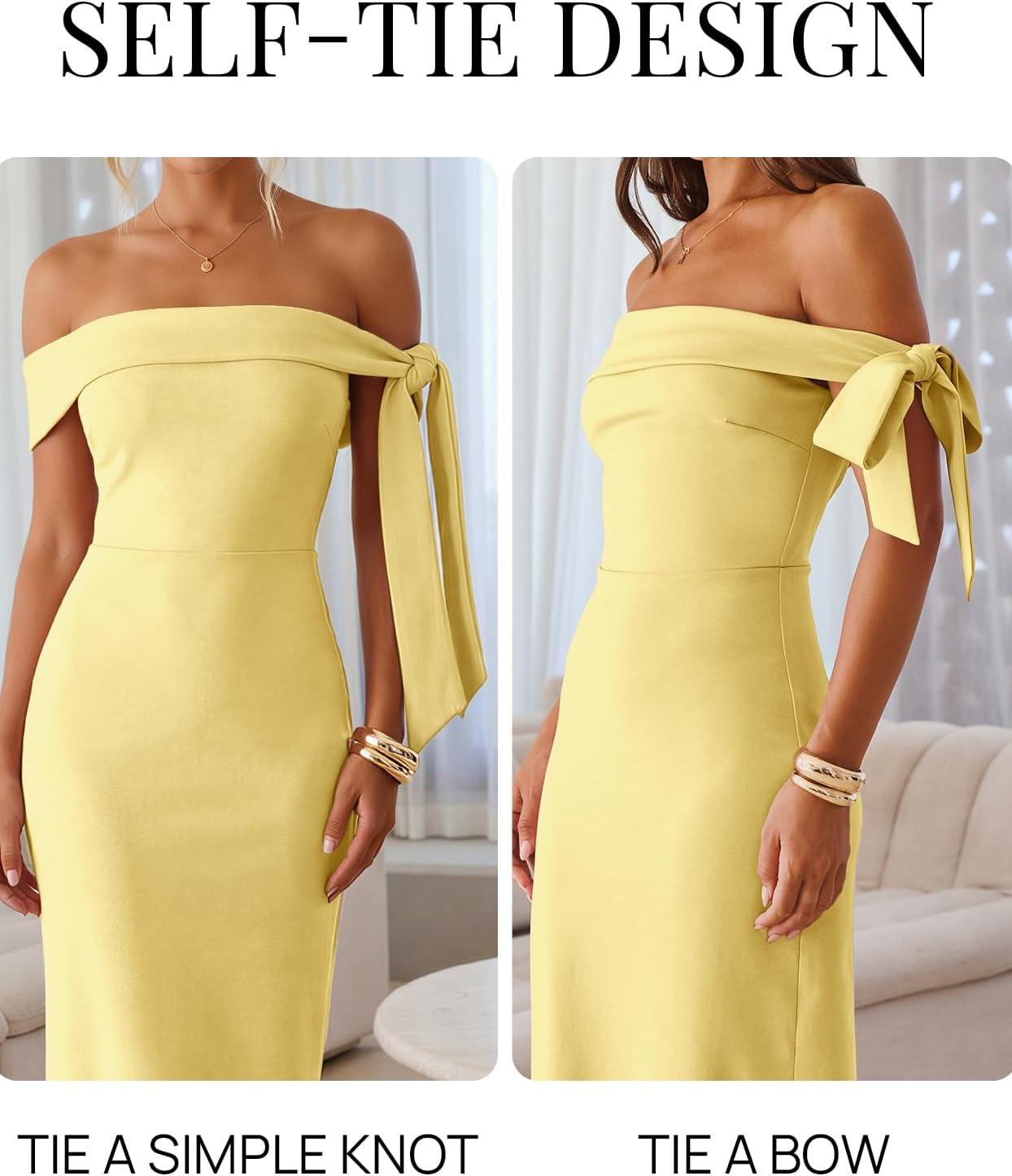 imageMEROKEETY Womens 2026 Summer Off The Shoulder Dress Bodycon Wedding Guest Cocktail Formal Party Maxi DressesYellow
