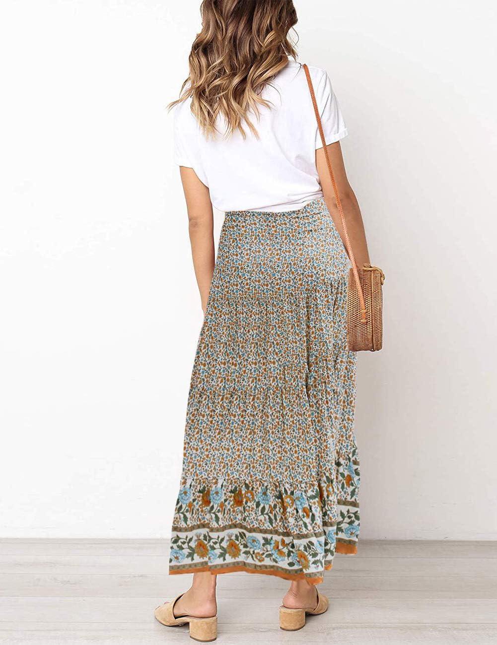 imageMEROKEETY Womens Boho Floral Print Elastic High Waist Pleated A Line Maxi SkirtCream