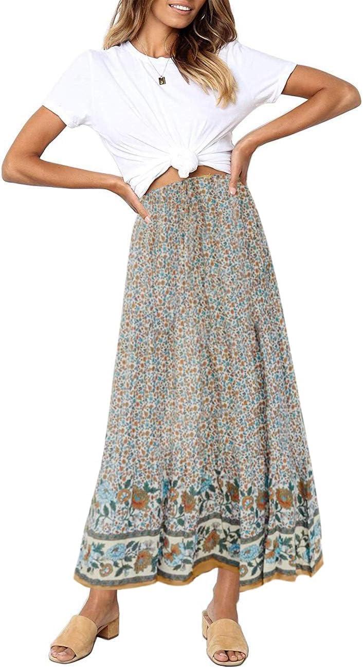 imageMEROKEETY Womens Boho Floral Print Elastic High Waist Pleated A Line Maxi SkirtCream
