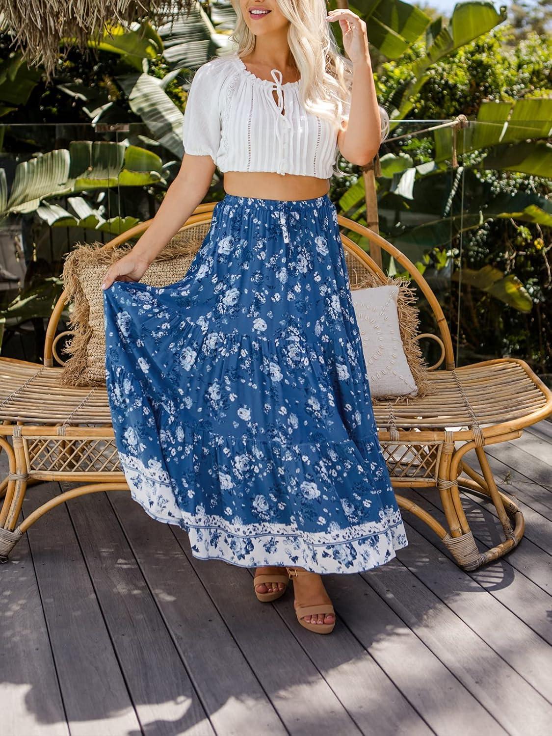 imageMEROKEETY Womens Boho Floral Print Elastic High Waist Pleated A Line Maxi SkirtDarkblue