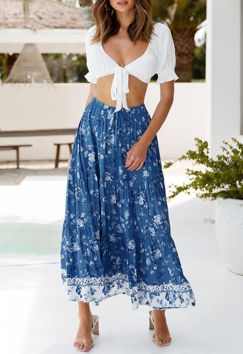 imageMEROKEETY Womens Boho Floral Print Elastic High Waist Pleated A Line Maxi SkirtDarkblue