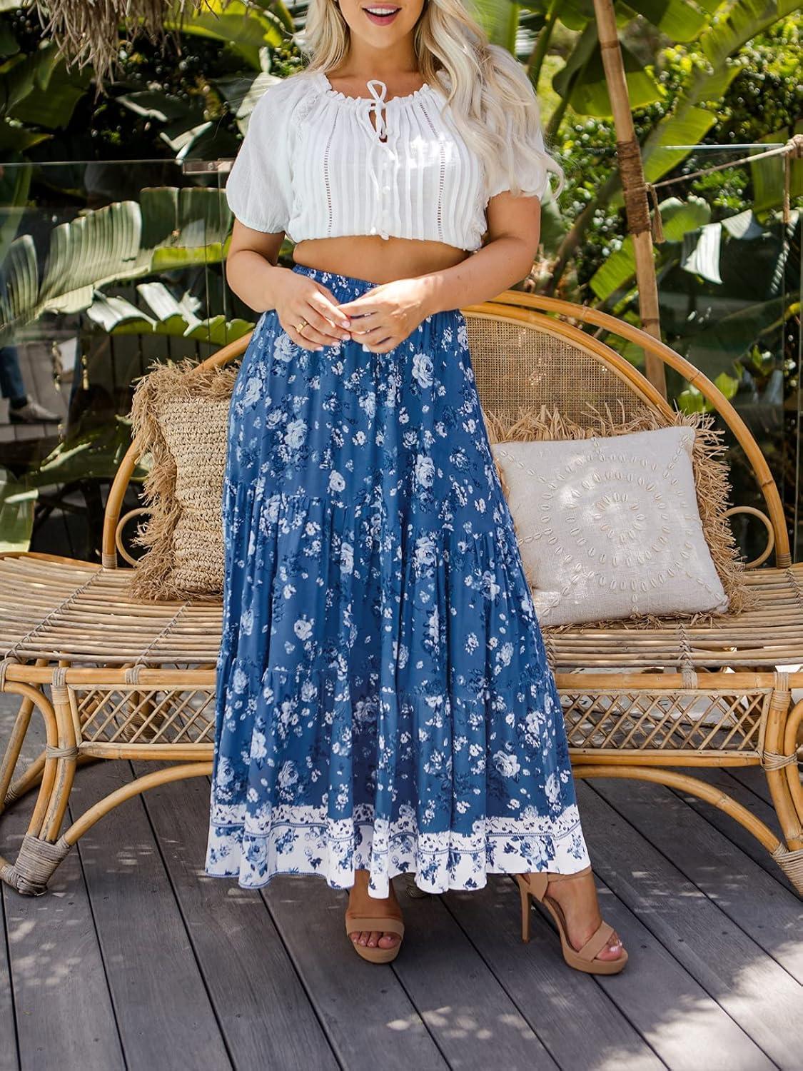 imageMEROKEETY Womens Boho Floral Print Elastic High Waist Pleated A Line Maxi SkirtDarkblue