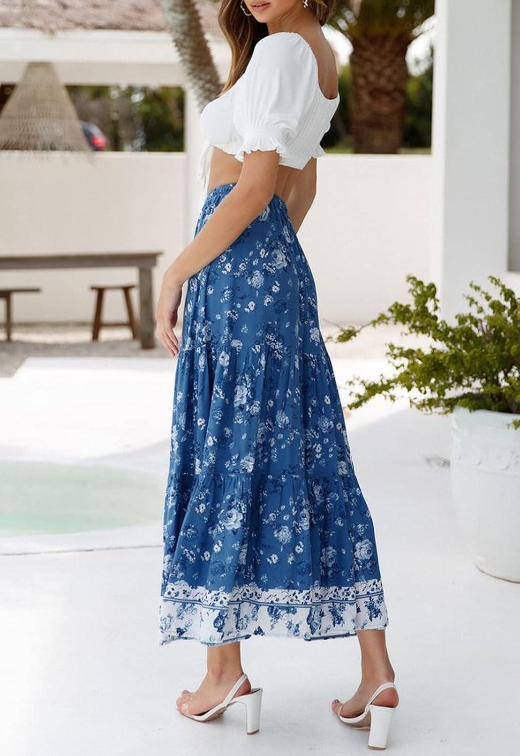 imageMEROKEETY Womens Boho Floral Print Elastic High Waist Pleated A Line Maxi SkirtDarkblue