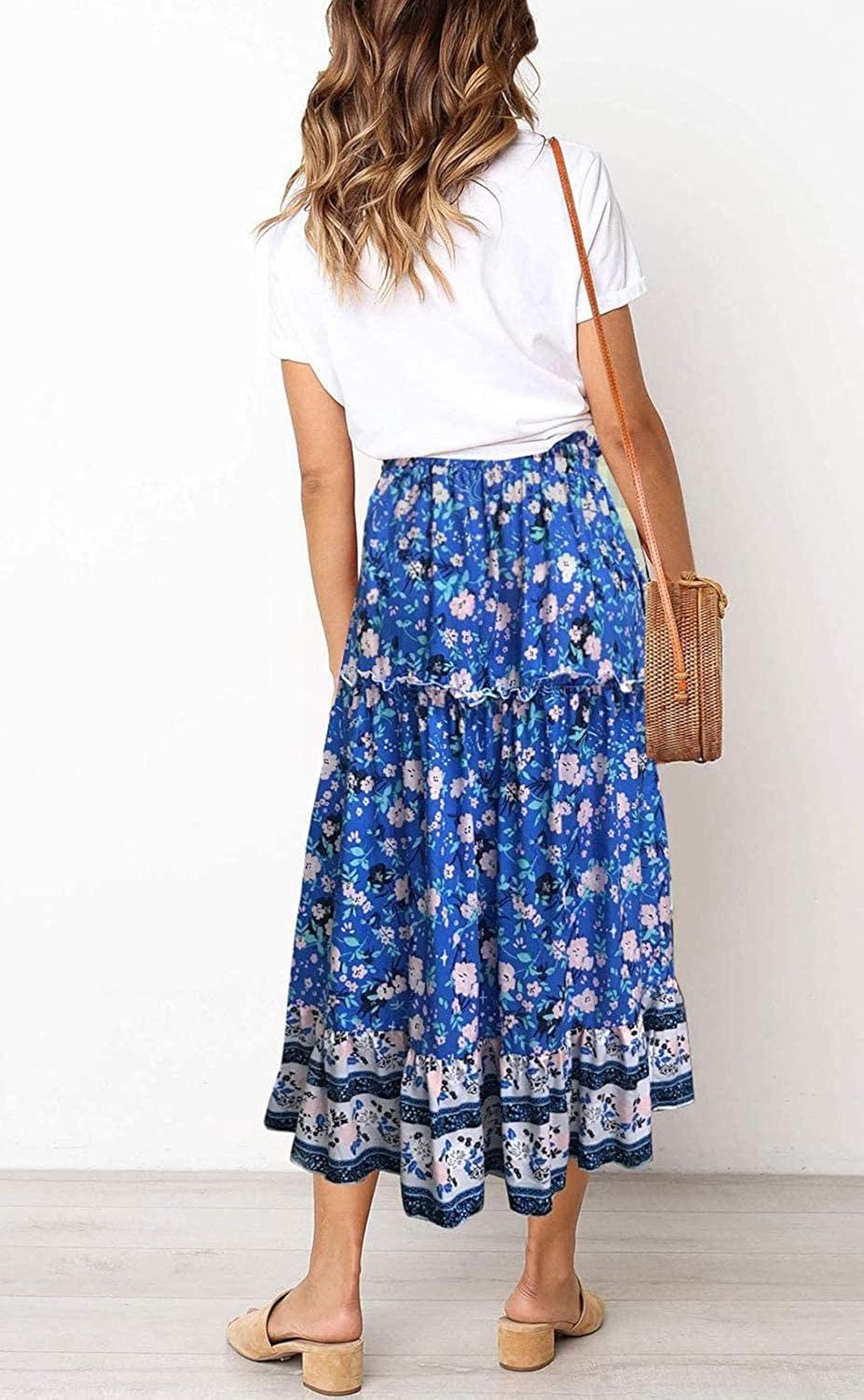 imageMEROKEETY Womens Boho Floral Print Elastic High Waist Pleated A Line Maxi SkirtDarkblue