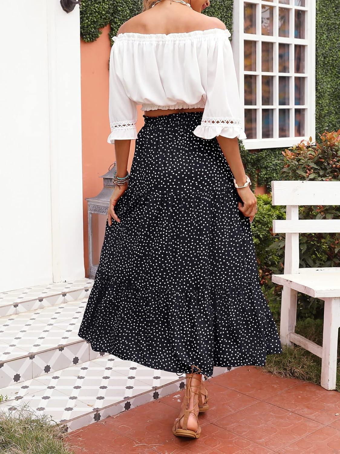 imageMEROKEETY Womens Boho Floral Print Elastic High Waist Pleated A Line Maxi SkirtDotblack