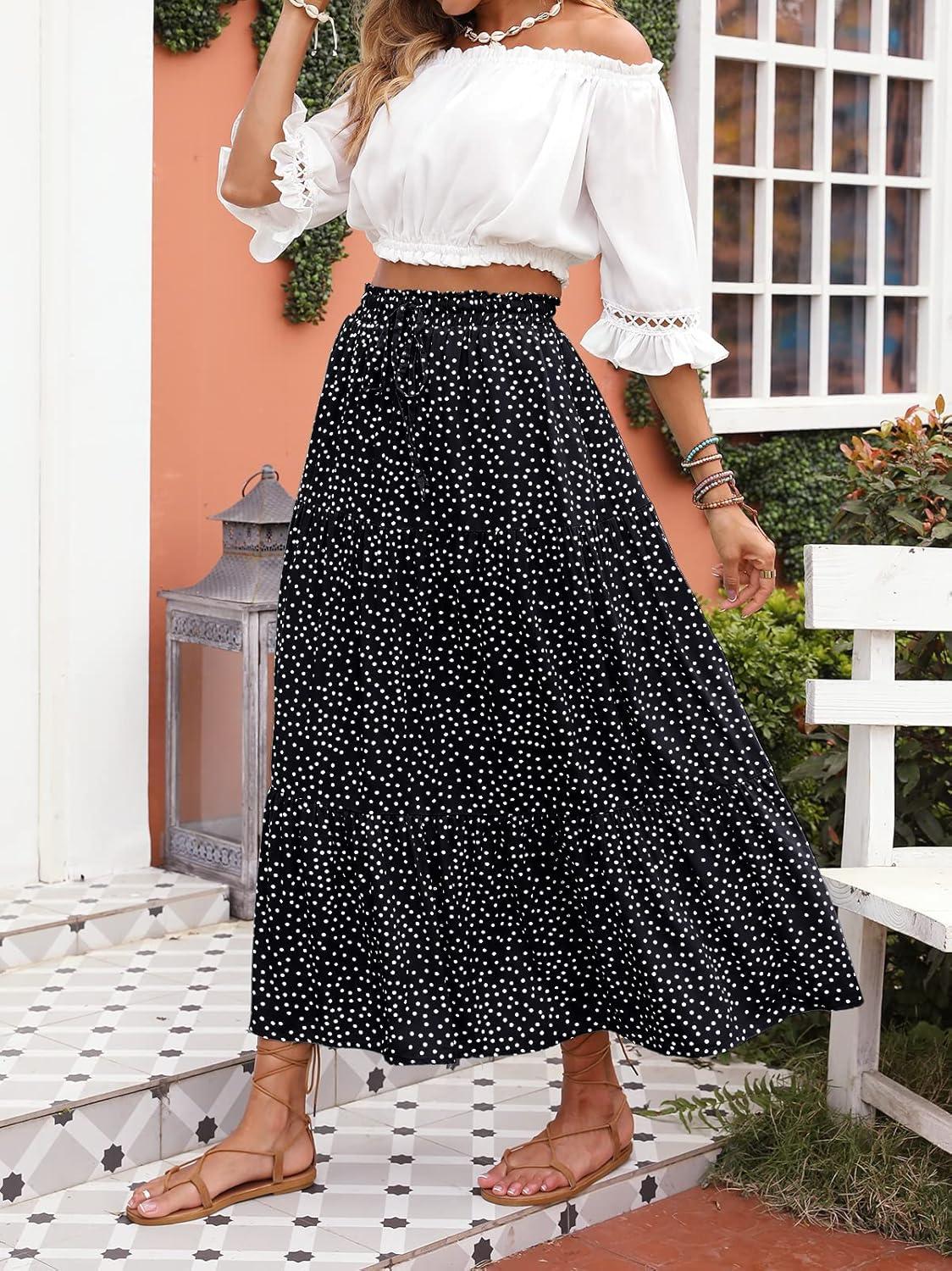 imageMEROKEETY Womens Boho Floral Print Elastic High Waist Pleated A Line Maxi SkirtDotblack