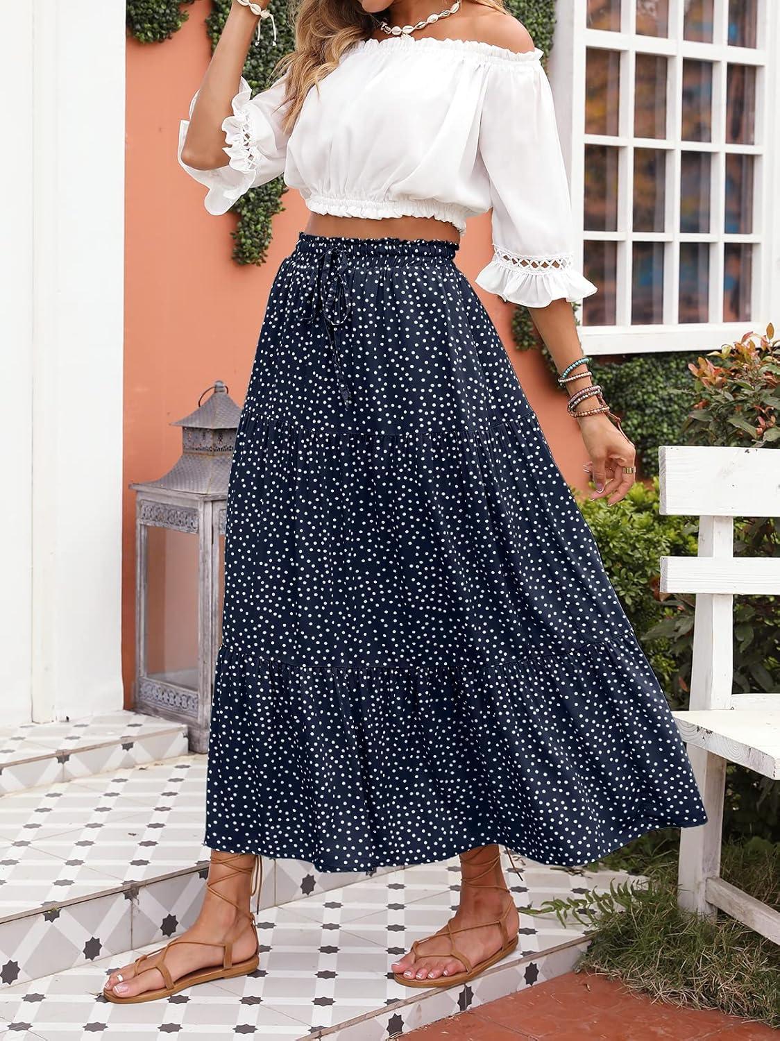 imageMEROKEETY Womens Boho Floral Print Elastic High Waist Pleated A Line Maxi SkirtDotnavy