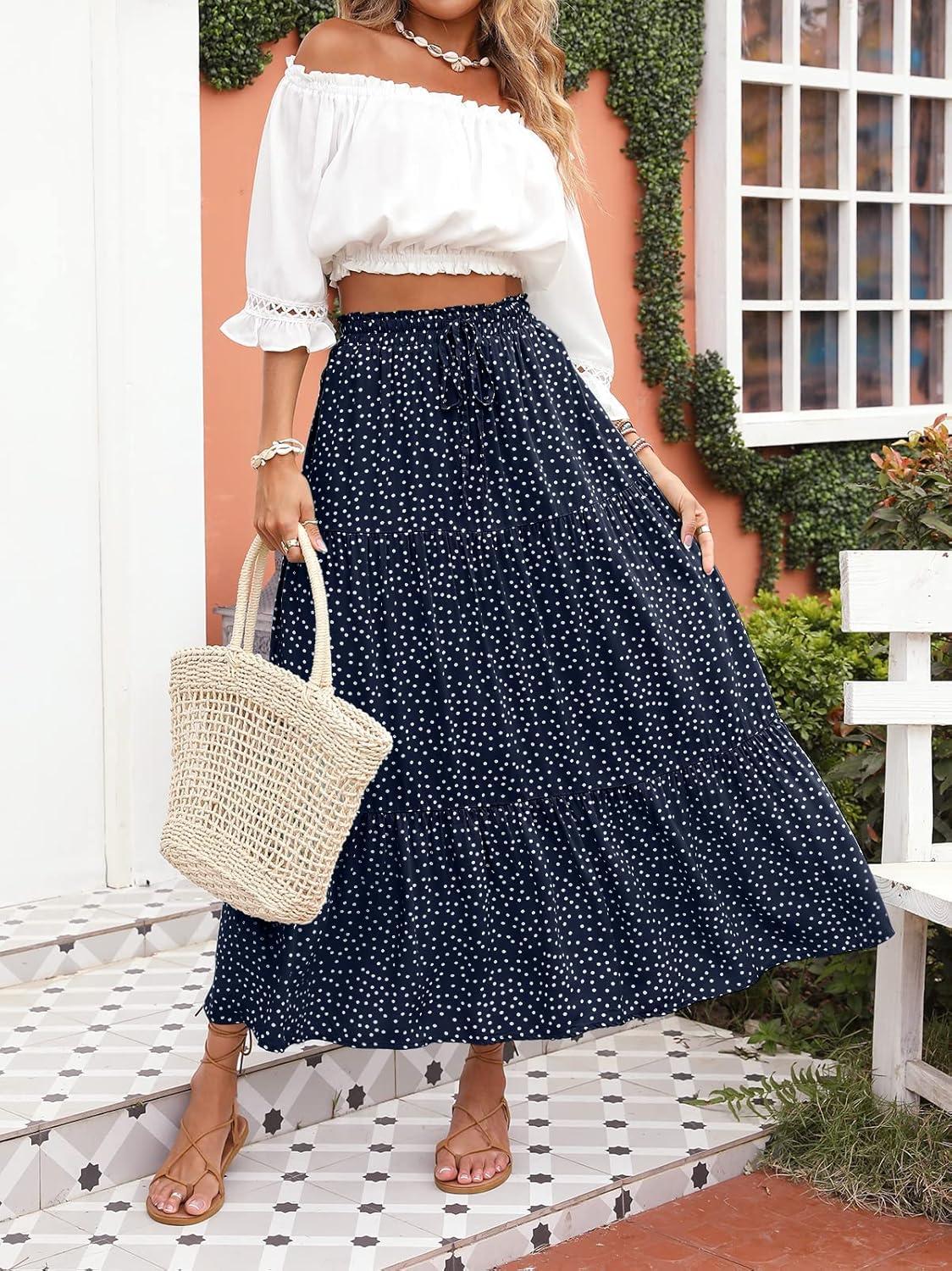 imageMEROKEETY Womens Boho Floral Print Elastic High Waist Pleated A Line Maxi SkirtDotnavy