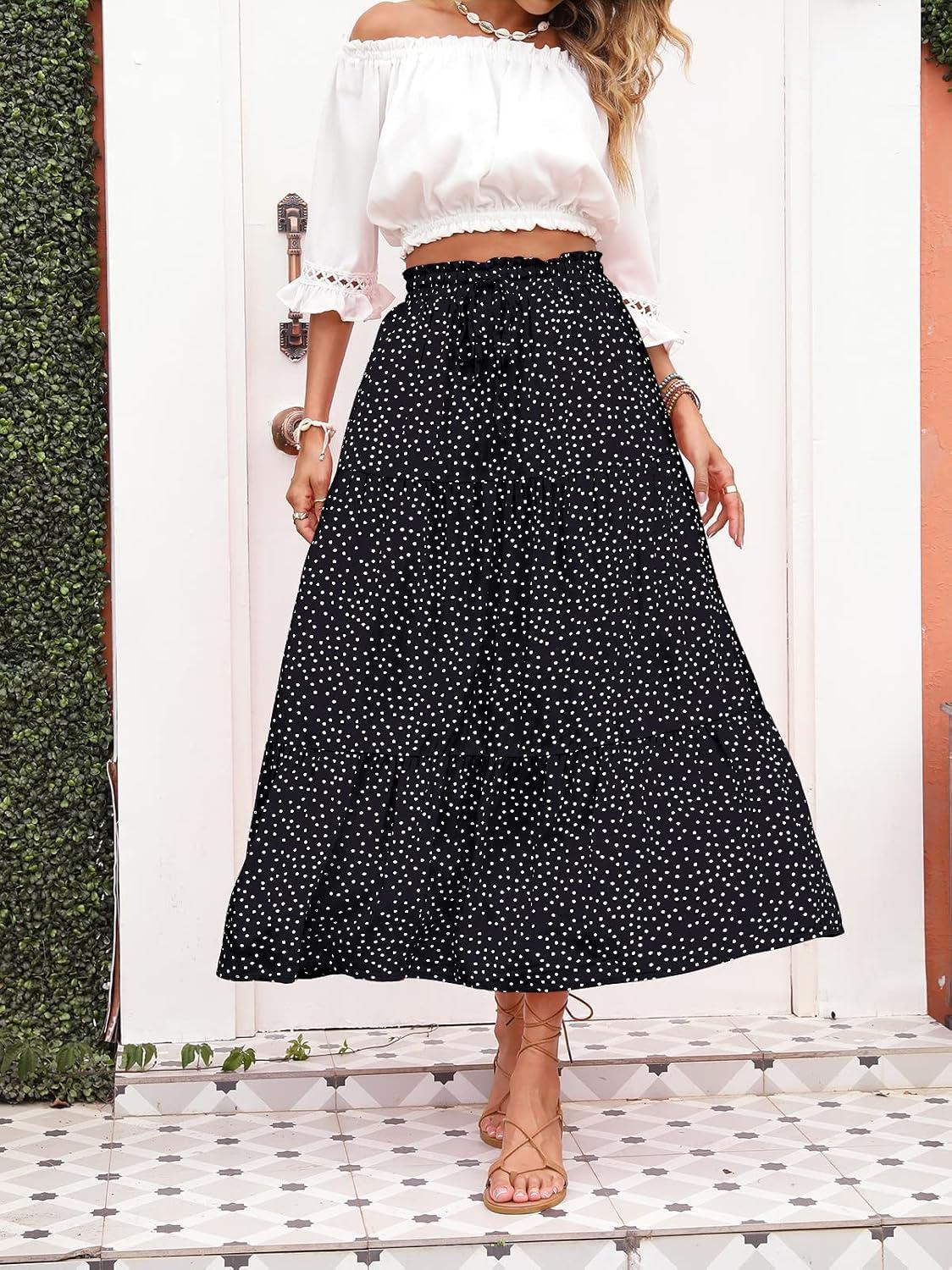 imageMEROKEETY Womens Boho Floral Print Elastic High Waist Pleated A Line Maxi SkirtDotnavy