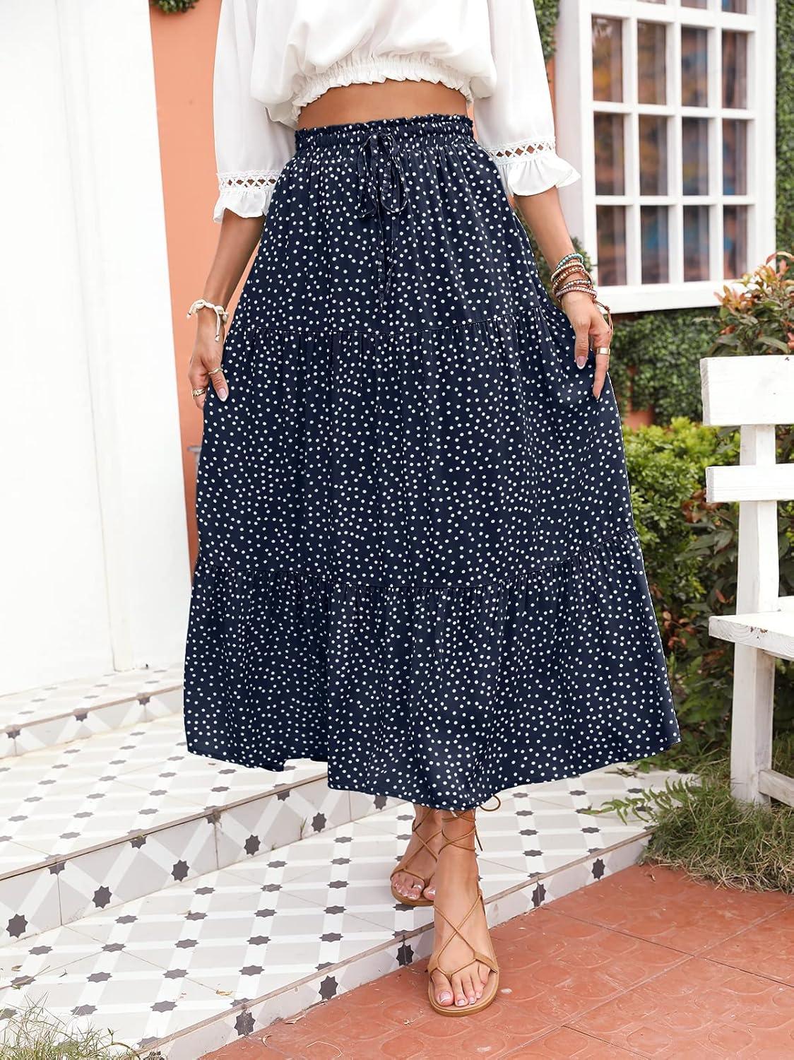 imageMEROKEETY Womens Boho Floral Print Elastic High Waist Pleated A Line Maxi SkirtDotnavy
