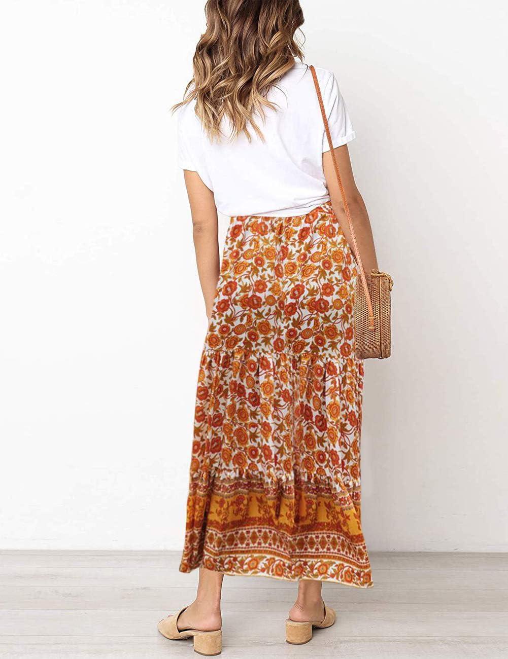 imageMEROKEETY Womens Boho Floral Print Elastic High Waist Pleated A Line Maxi SkirtFloralyellow