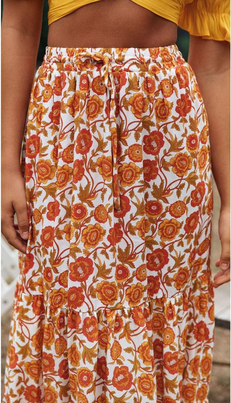 imageMEROKEETY Womens Boho Floral Print Elastic High Waist Pleated A Line Maxi SkirtFloralyellow