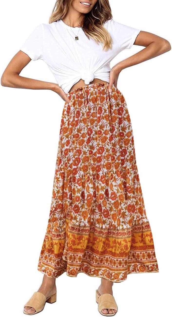 imageMEROKEETY Womens Boho Floral Print Elastic High Waist Pleated A Line Maxi SkirtFloralyellow