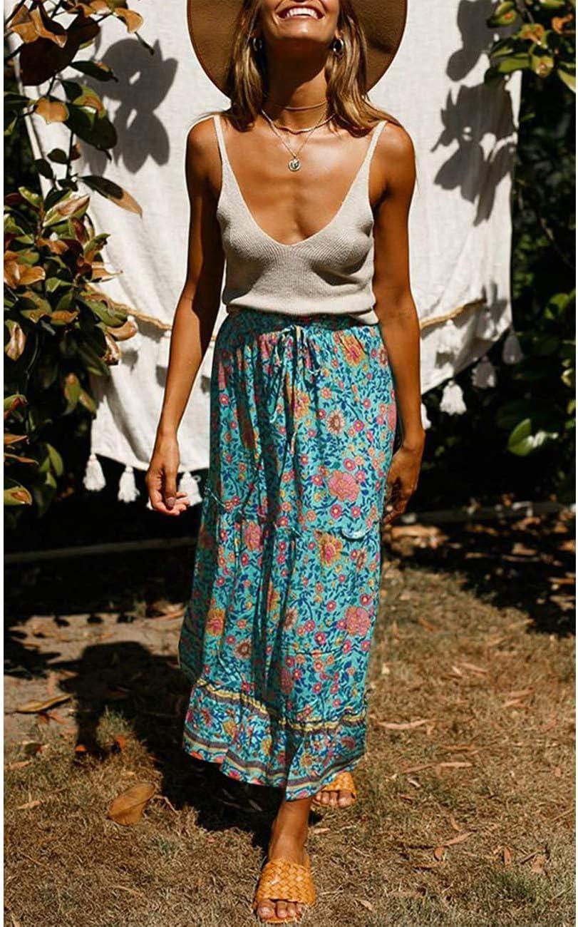imageMEROKEETY Womens Boho Floral Print Elastic High Waist Pleated A Line Maxi SkirtGreen