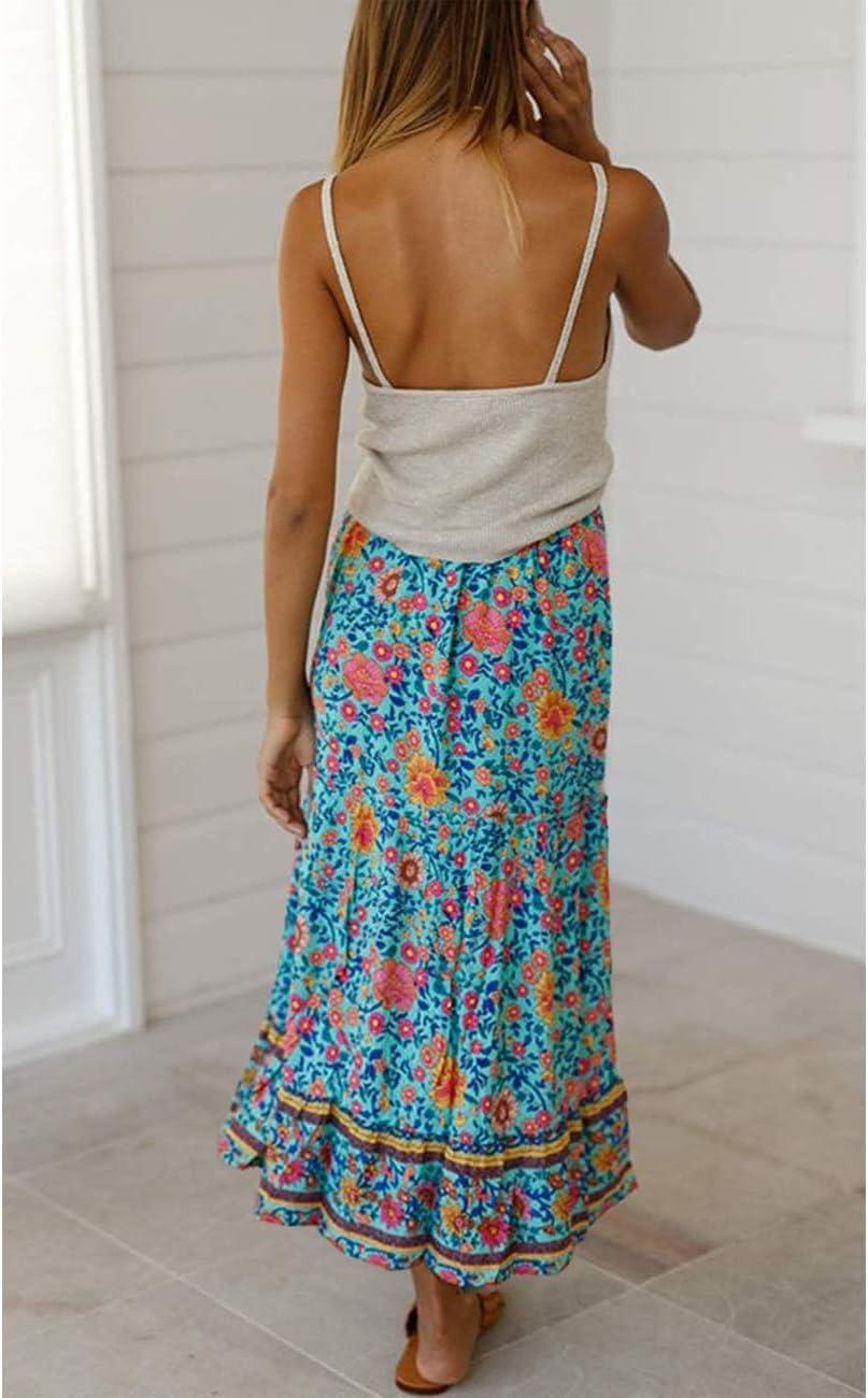 imageMEROKEETY Womens Boho Floral Print Elastic High Waist Pleated A Line Maxi SkirtGreen