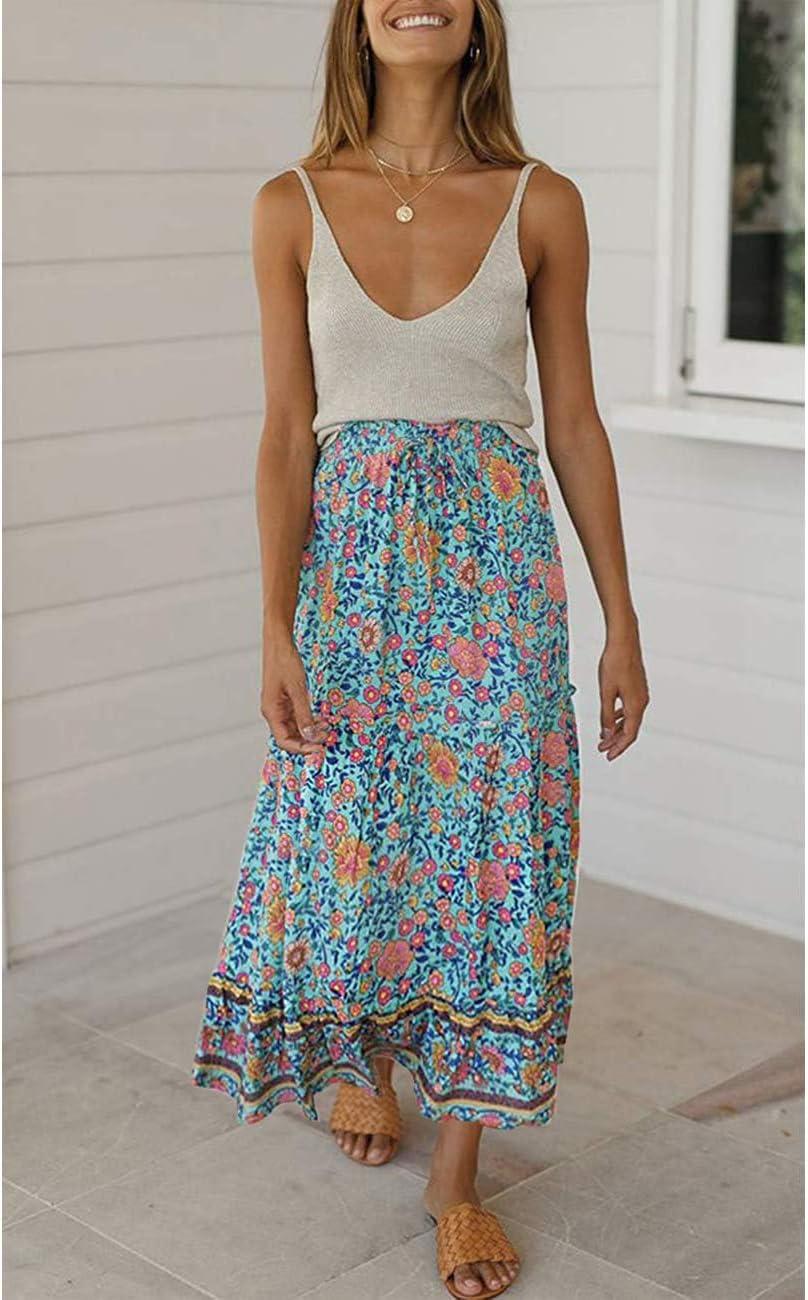 imageMEROKEETY Womens Boho Floral Print Elastic High Waist Pleated A Line Maxi SkirtGreen