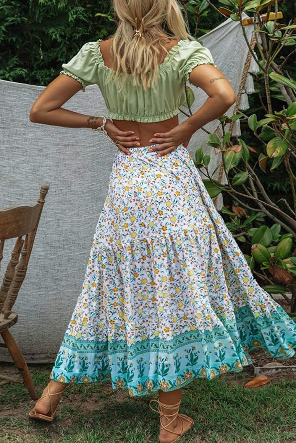 imageMEROKEETY Womens Boho Floral Print Elastic High Waist Pleated A Line Maxi SkirtLakeblue