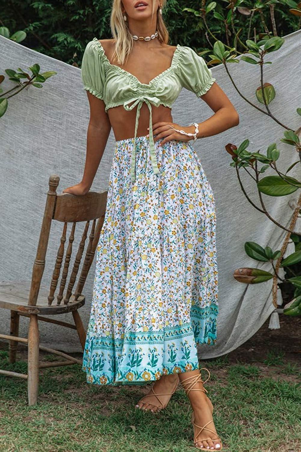 imageMEROKEETY Womens Boho Floral Print Elastic High Waist Pleated A Line Maxi SkirtLakeblue