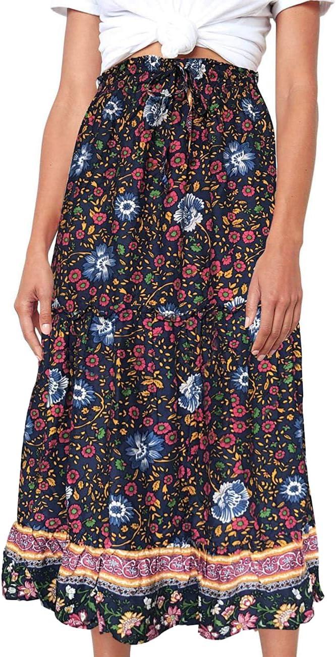 imageMEROKEETY Womens Boho Floral Print Elastic High Waist Pleated A Line Maxi SkirtNavy
