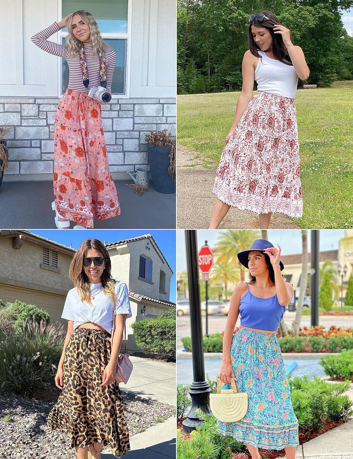 imageMEROKEETY Womens Boho Floral Print Elastic High Waist Pleated A Line Maxi SkirtNavy