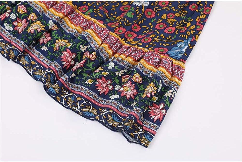 imageMEROKEETY Womens Boho Floral Print Elastic High Waist Pleated A Line Maxi SkirtNavy
