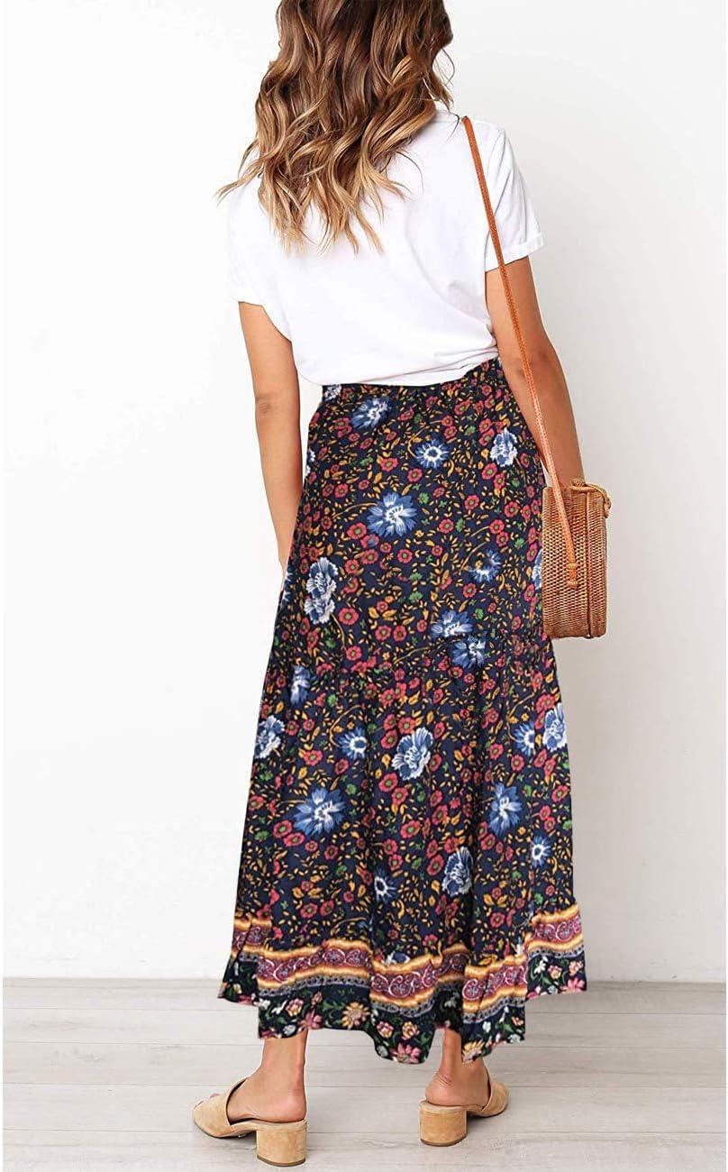 imageMEROKEETY Womens Boho Floral Print Elastic High Waist Pleated A Line Maxi SkirtNavy