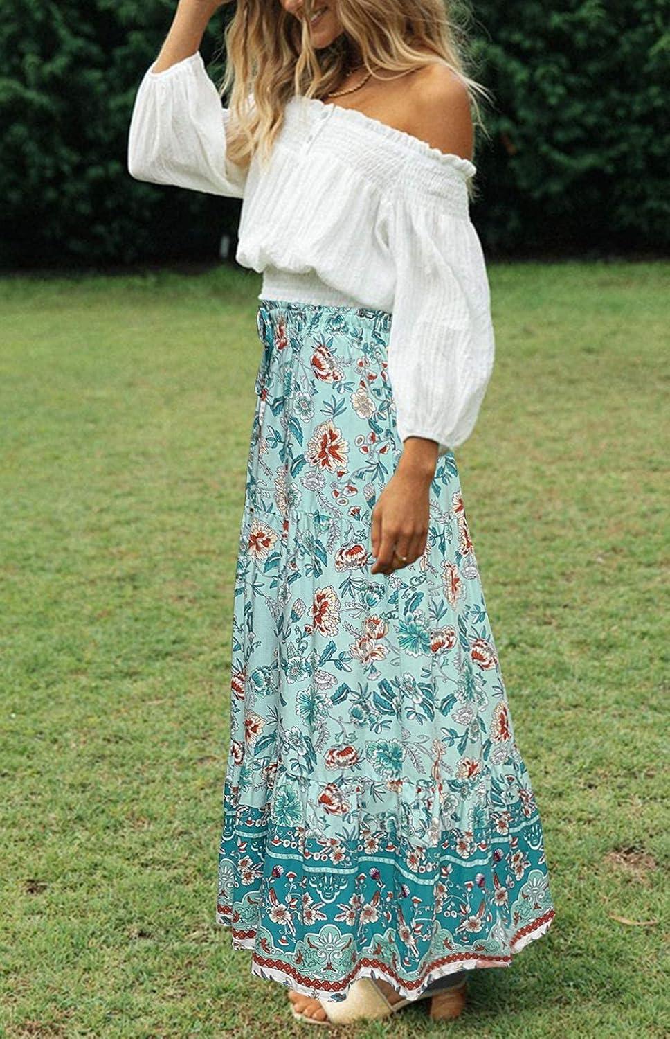 imageMEROKEETY Womens Boho Floral Print Elastic High Waist Pleated A Line Maxi SkirtTurquoise