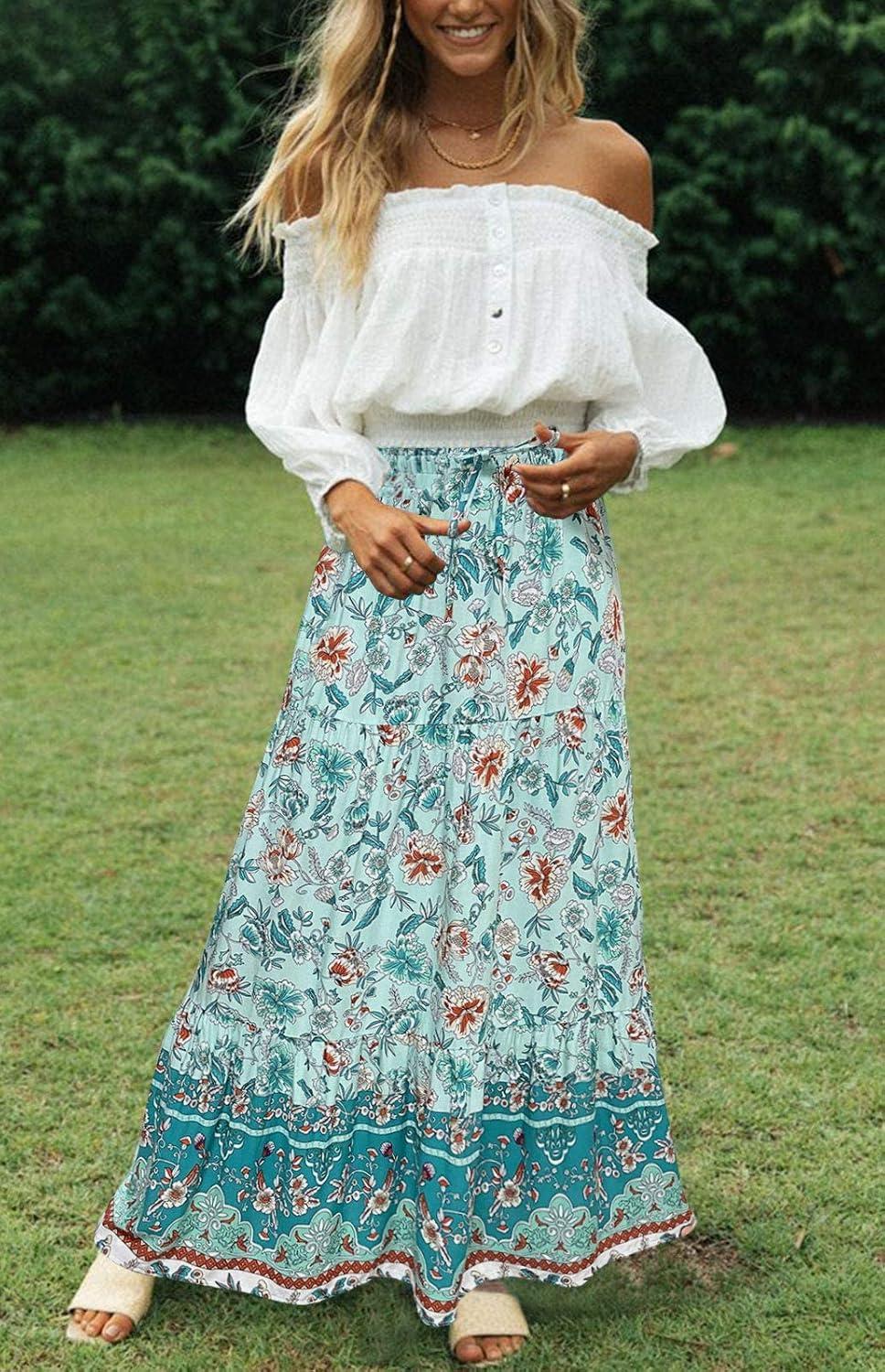 imageMEROKEETY Womens Boho Floral Print Elastic High Waist Pleated A Line Maxi SkirtTurquoise