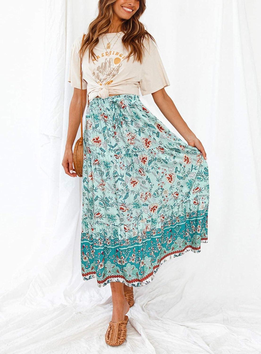 imageMEROKEETY Womens Boho Floral Print Elastic High Waist Pleated A Line Maxi SkirtTurquoise