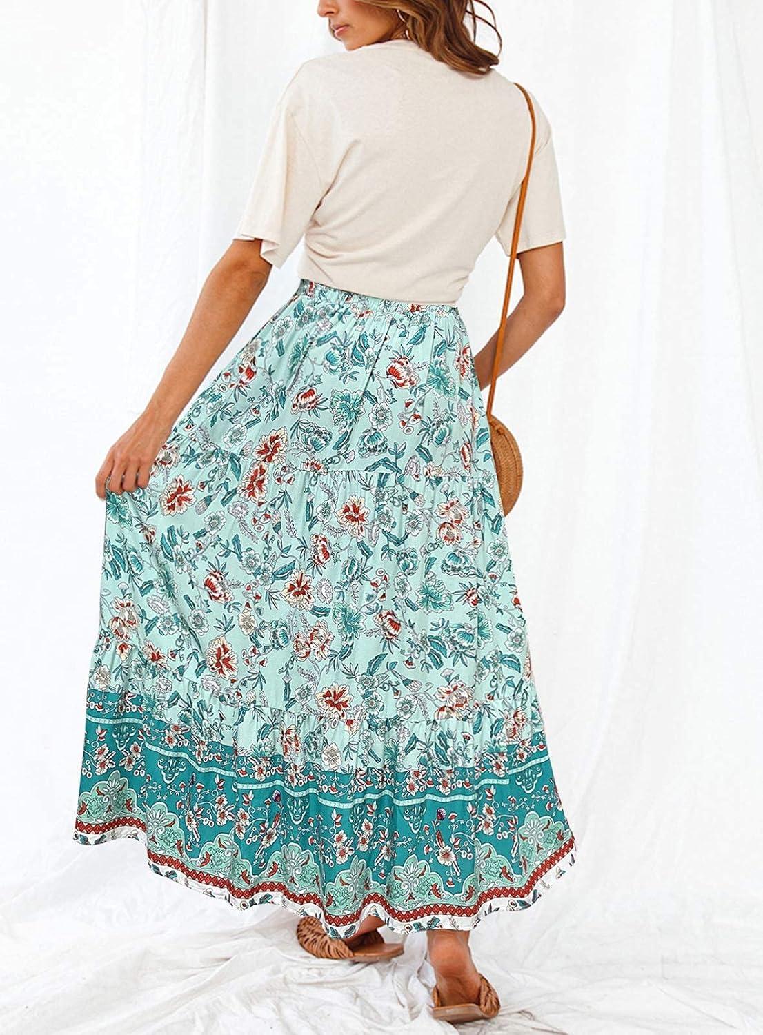 imageMEROKEETY Womens Boho Floral Print Elastic High Waist Pleated A Line Maxi SkirtTurquoise