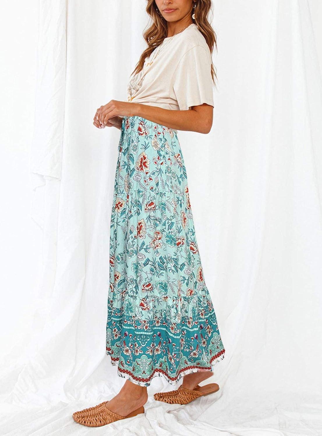 imageMEROKEETY Womens Boho Floral Print Elastic High Waist Pleated A Line Maxi SkirtTurquoise