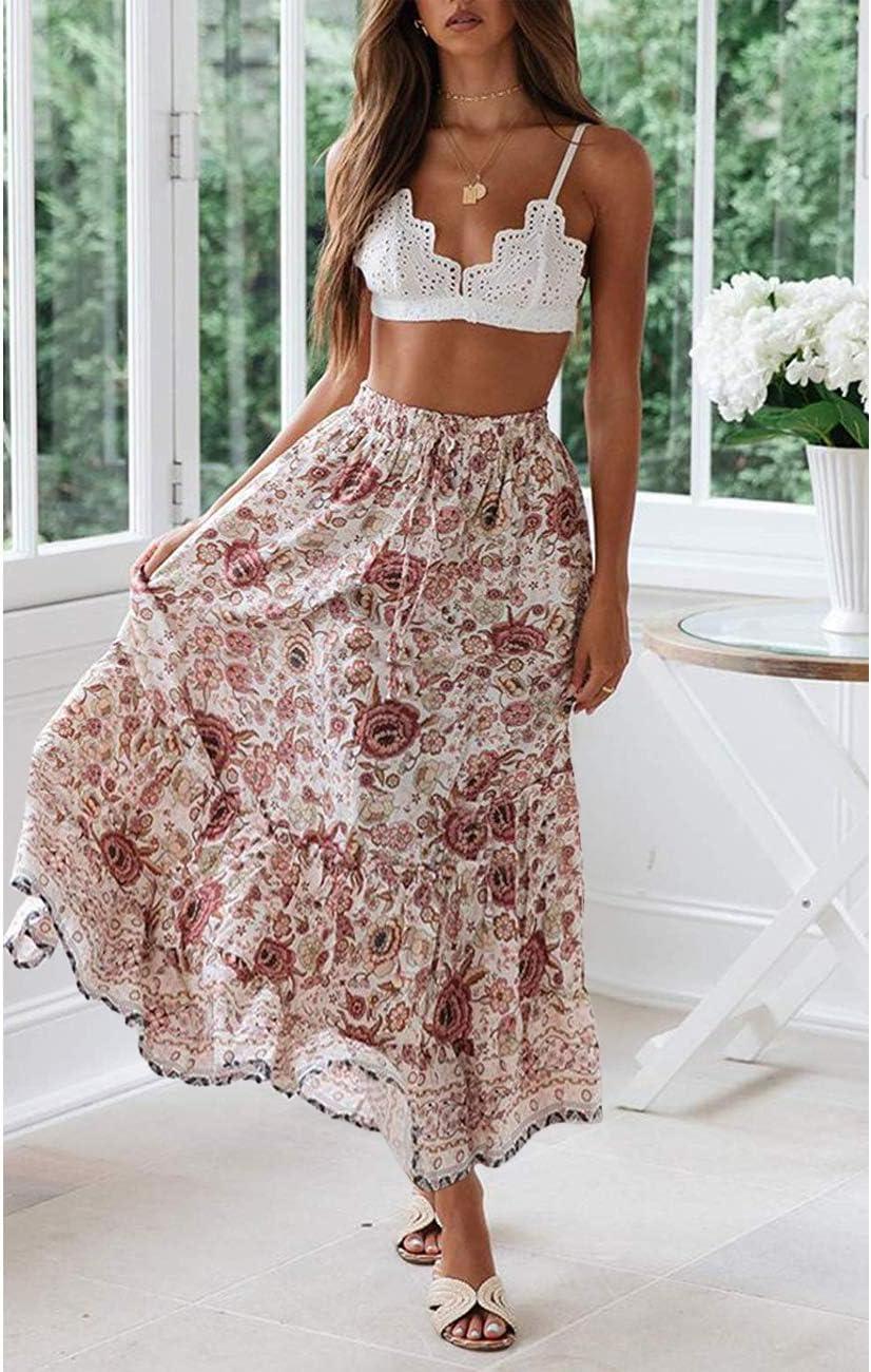 imageMEROKEETY Womens Boho Floral Print Elastic High Waist Pleated A Line Maxi SkirtWhite