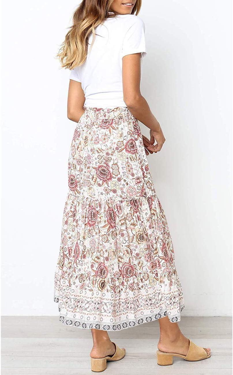 imageMEROKEETY Womens Boho Floral Print Elastic High Waist Pleated A Line Maxi SkirtWhite