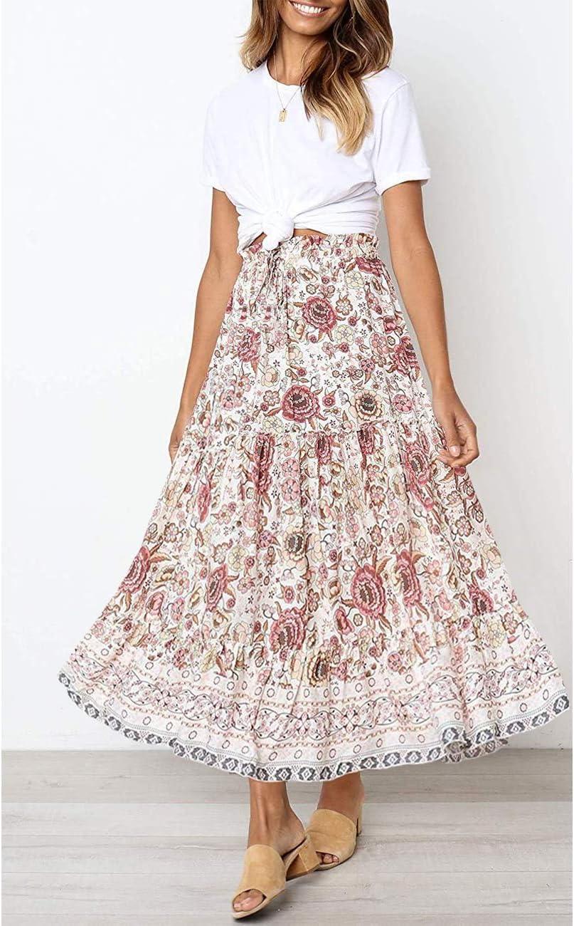 imageMEROKEETY Womens Boho Floral Print Elastic High Waist Pleated A Line Maxi SkirtWhite