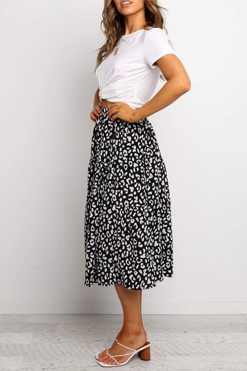 imageMEROKEETY Womens Boho Leopard Print Skirt Pleated ALine Swing Midi Skirts01black