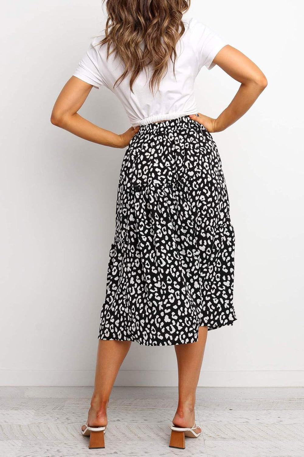 imageMEROKEETY Womens Boho Leopard Print Skirt Pleated ALine Swing Midi Skirts01black