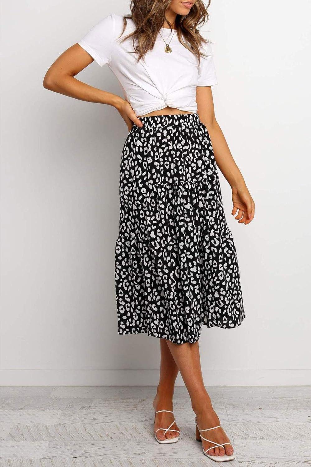 imageMEROKEETY Womens Boho Leopard Print Skirt Pleated ALine Swing Midi Skirts01black