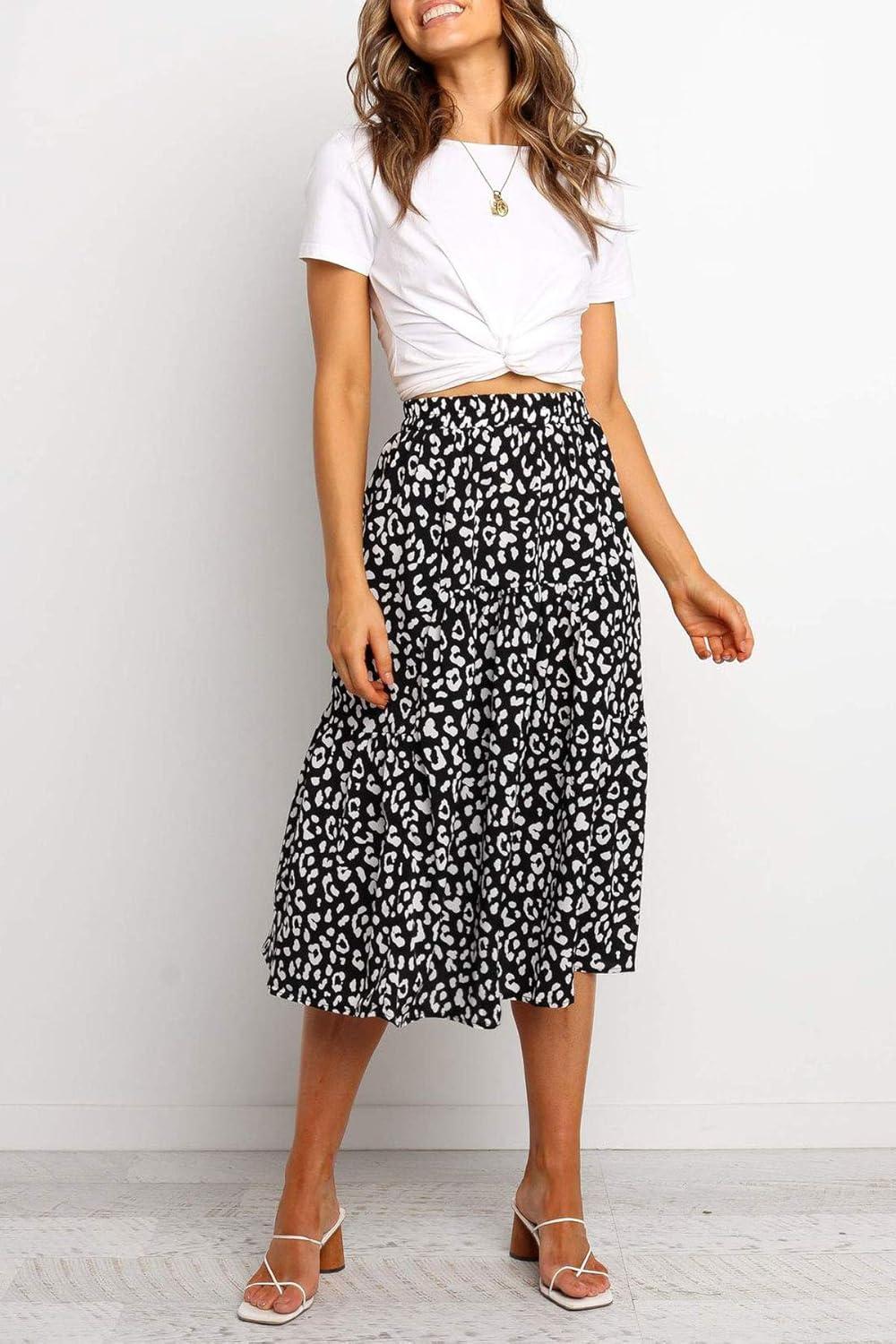 imageMEROKEETY Womens Boho Leopard Print Skirt Pleated ALine Swing Midi Skirts01black