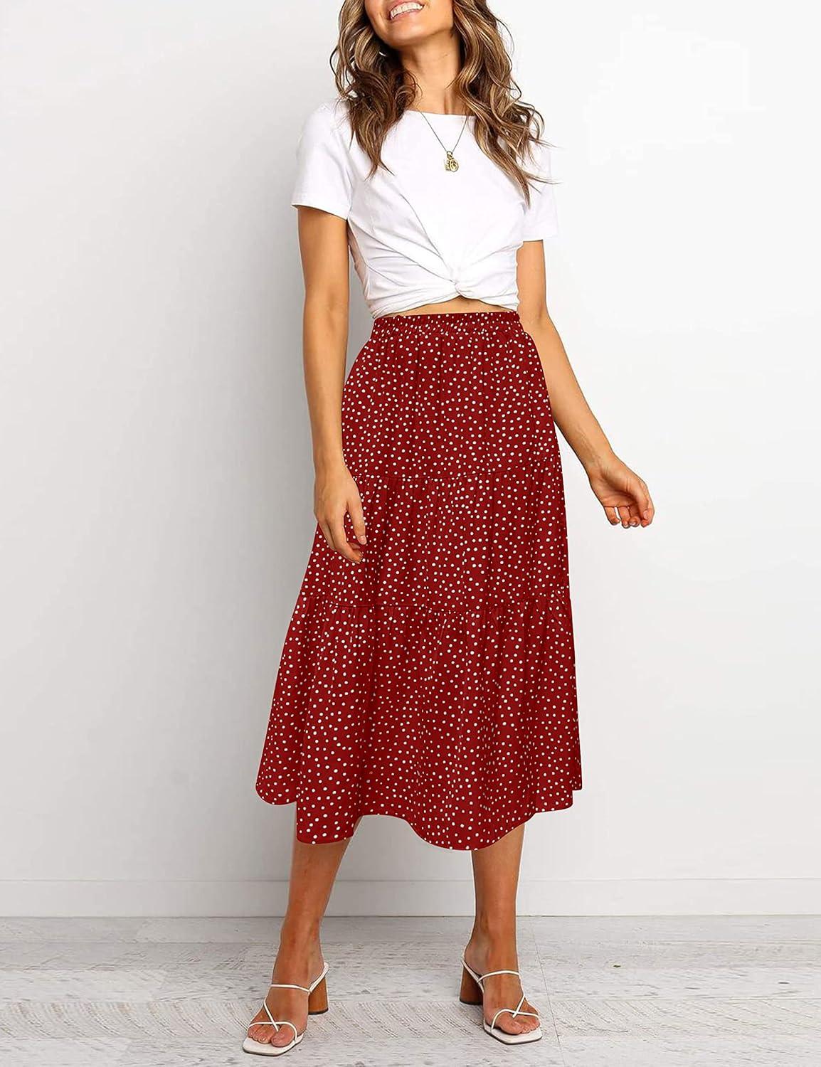 imageMEROKEETY Womens Boho Leopard Print Skirt Pleated ALine Swing Midi Skirts02red