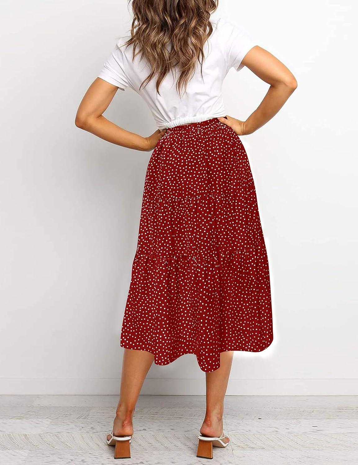 imageMEROKEETY Womens Boho Leopard Print Skirt Pleated ALine Swing Midi Skirts02red